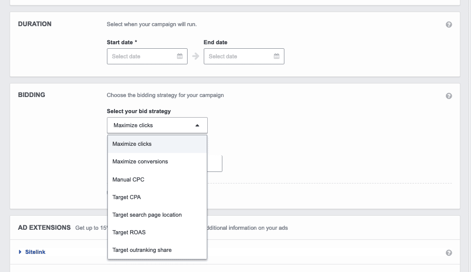 Google ads dashboard for different bidding strategies